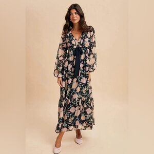 Floral V-Neck Long Sleeve Maxi Dress - Navy & Blush